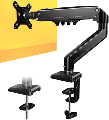 OffiGo Single Monitor Arm Desk Mount for 15-32 inch Screens, Ergonomic Tool Monitor Stand Height Adjustable Max 9 kg, Gas Spring Stable Screen Mount Vesa 75 & 100 mm, Dark Black