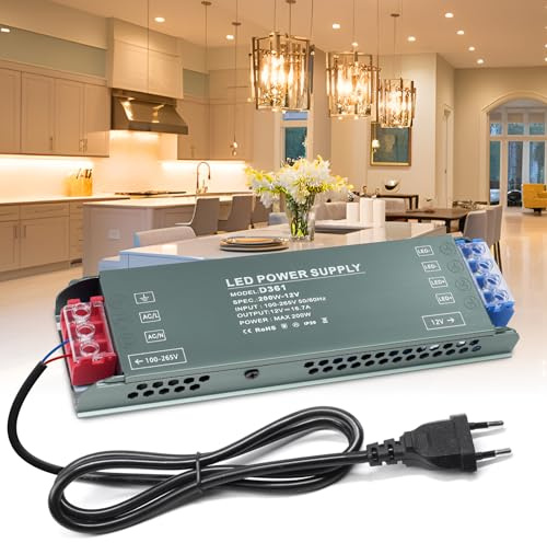 BRIMETI Transformador 220V a 12V 200W 16.6A LED Driver, Ultra Fino Fuente de Alimentación 220V a 12V DC con Enchufe Driver de Bajo Tensión Controlador LED Voltaje Constante