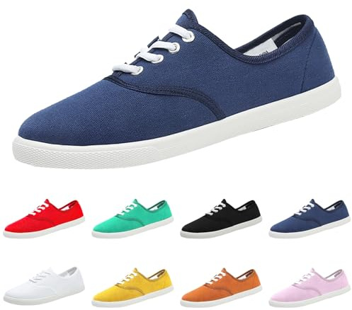 Momolaa Size 5 Women's Canvas Casual Shoes Flat Pumps Plimsolls Canvas Slip-On Sneakers Half Lace Up Plimsoles for Unisex Women Z0_Sale Clearance Blue