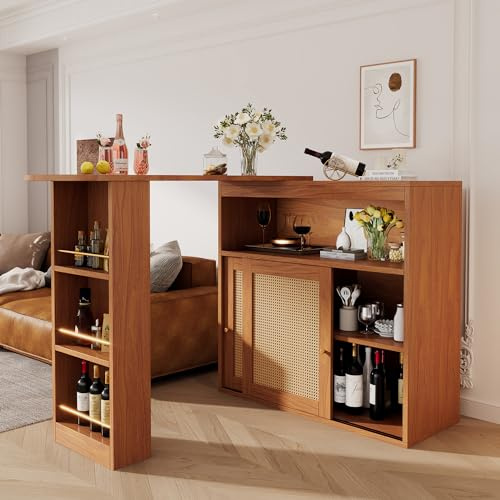 Aunvla Mesa de bar extensible con espacio de almacenamiento, de ratán en los frentes de la puerta, estantes ajustables, mesa alta de bistró, mesa alta de cocina, pequeña (138-193 x 39 x 104 cm)