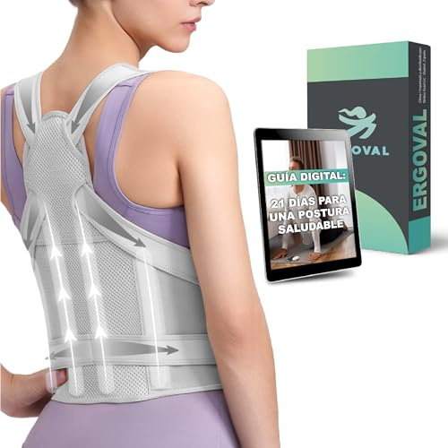 ERGOVAL SUPER PACK Guía “21 Días para Mejorar tu Postura” + Corrector postura Espalda Unisex | Faja Ajustable y Transpirable | Alivia Dolores de Espalda, Cuello y Hombros (Gris, Large)