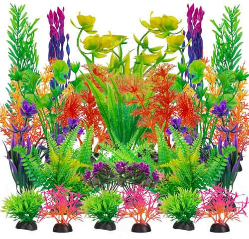GUXLXAR Aquarium Decorations Plants, Aquarium Fish Tank Plastic Plants, 18 pcs Aquarium Decor Plants, Colorful Fish Tank Accessories, Fish Tank Plants Plastic Decoration for Aquariums, Small to Large