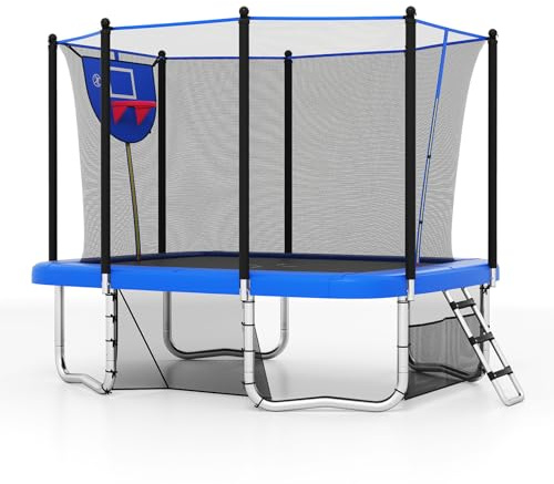 COSTWAY Outdoor Trampoline, 10FT x 8FT Rectangle Trampoline with Basketball Hoop, Soccer Goal, Storage Bag, Safety Enclosure Net and Ladder, Recreational Trampolines for Toddlers & Adults (Blue)