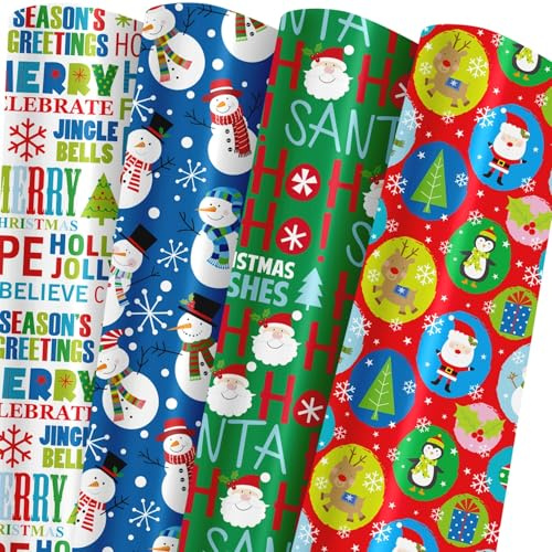 Lyroiphic Geschenkpapier Weihnachten Set – Niedliche Schneemänner, Weihnachtsmann, Rentiere & „Merry Christmas“ Schriftzüge | Weihnachtspapier für Geschenke & Basteln | 8 Bögen Gefaltet (50×70 cm)