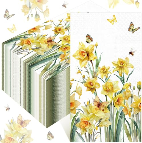 Peryiter 100 Pcs Spring Floral Daffodils Paper Napkins 13 x 15.7 Inch Yellow Daffodils Disposable Guest Napkins Watercolor Flower Hand Towel for Bathroom Spring Wedding Birthday Dinner Party Supplies