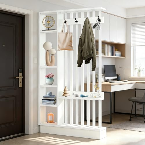 Wandraum Teiler mit Lagerregal, Eingangshalle -Trennwesensäule Säulen- bis Decke, aus massivem Holz, leicht zu montieren, geeignet für die Heim- oder Bürodekoration geeignet (C White + White, 100cm)