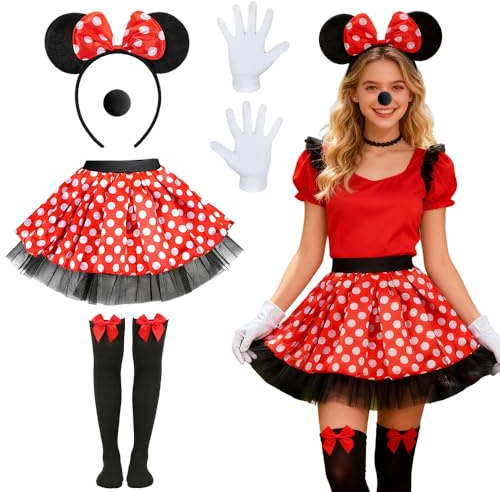 HOVCEH Minnie Mouse Costume Adult for Girls Women, 6 Pcs Cute Fancy Costumes Kit, Minnie Mouse Ear+Red Tutu Skirt+Nose+Bow Tie+Gloves+Socks for Halloween Xmas Carnival Cosplay. (XL)
