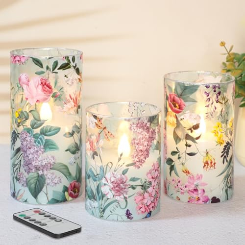 Holitown Glass Flameless Candles with Remote Timer Floral Battery Operated LED Flickering Blue Pillar Candle Real Wax Spring Summer Garden Dinner Christmas Holiday Farmhouse Decor D3 x H4, 5, 6
