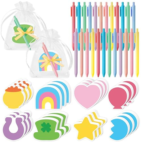 CJiangpo 24 Pack St. Patrick’s Sticky Note with Pen Gift Set, Cute Lucky Charms Notepads Ballpoint Pens with Organza Bags, Funny Memo Pad Classroom Rewards St. Patrick's Party Favor Gift for Kids