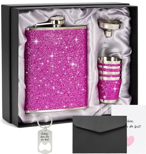 Flachmann Edelstahl mit Leder 240ml und 4 Shot Becher Set – Rosa, ideal für Reisen, JGA, Party und Geschenke