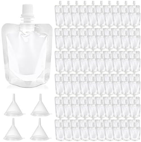 120 Pcs 1.7 oz Plastic Flasks Juice Bags Clear Leak Proof Squeeze Pouches with 4 Funnel for Travel Outdoor Sports