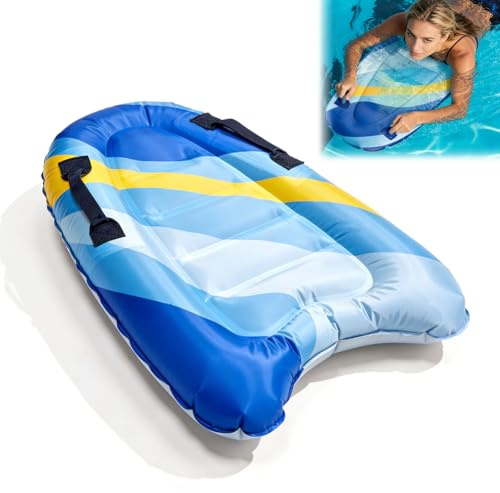 Uppblåsbar bodyboard för barn och vuxna, 75 x 65 cm, bärbar och vikbar med 2 handtag, PVC-surfbräda för strand, pool och simning, inlärning, vattensport sommar (A)