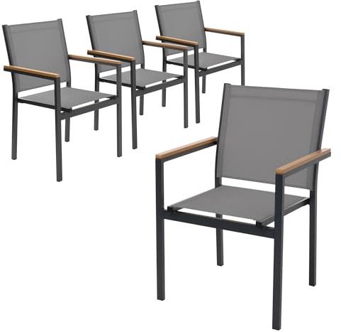 ML-Design Set di 4 Sedie da Giardino Grigio Scuro con Braccioli in Legno Naturale, Poltrone in Textilene Traspirante per Patio e Balcone, Struttura in Alluminio Resistente alle Intemperie per Esterno