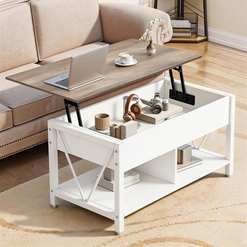 YITAHOME Mesa de café con Superficie elevable, Espacio de Almacenamiento de 2 Niveles, Mesa de café Ajustable en Altura con Compartimento Oculto y Superficie de Apoyo, Blanco y Gris
