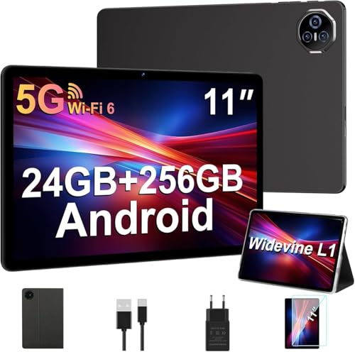 BIEGEDY Tablet 11 Pulgadas Android, 24GB RAM+256GB ROM/1TB TF, Octa-Core 2.0GHz, Widevine L1, GMS/ 8000mAh / Tablet Pantalla Táctil/ 5MP+13MP / Facial ID/ 5G WiFi/BT 5.0, con Funda Negro