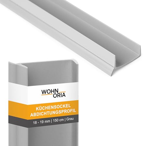 WOHNORIA Küchensockel Abdichtungsprofil 18-19 mm 150 cm | GRAU | Sockelprofil Sockelblendenprofil | Küchenleiste mit Gummilippe | flexibel & wasserdicht | für Küchensockel, Boden & unter Möbel