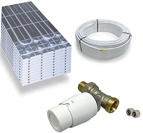 Warmwasser Trockenestrich Fußbodenheizung HoWaTech DRY Komplett Set 5/10m² Dämmplatte 30mm EPS WLG 035 DEO und RTL Ventil Ausführung Durchgang, Heizfläche:5.00m²