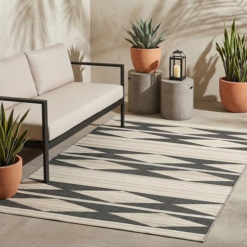 FAB HAB Outdoor-Teppich - wetterfest, farbecht, wendbar - recycelter Premium-Kunststoff - geometrisches Tribal - Terrasse, Balkon, Garten - Kunststoffteppich Cairo Natur & Schwarz, 180x270 cm
