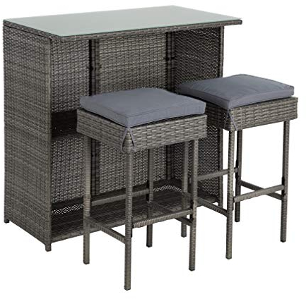 ESTEXO Polyrattan Gartenbar Set Gartenmöbel Sitzgruppe Rattan Bar Tresen Theke Tisch Barset Bartisch Stehtisch Gartentheke Barhocker Bar-Stuhl Sitzgruppe Grau