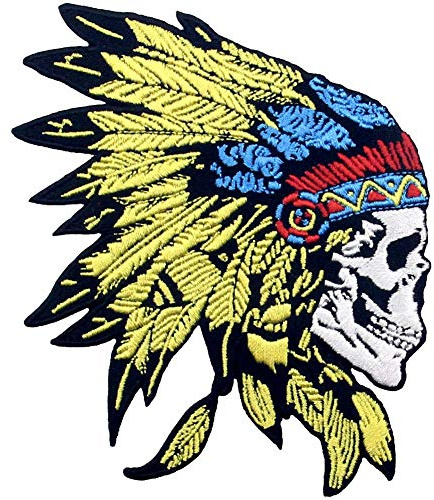 Aufnäher, bestickt, Design: Schädelkopfschmuck der amerikanischen Ureinwohner, zum Aufbügeln oder Aufnähen