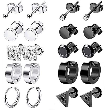 10 par svarta herrörhängen, örhängen rostfritt stål, diamantörhängen svart, allergifria örhängen, svarta och silver neutrala örhängen för öronbrosk eller andra delar