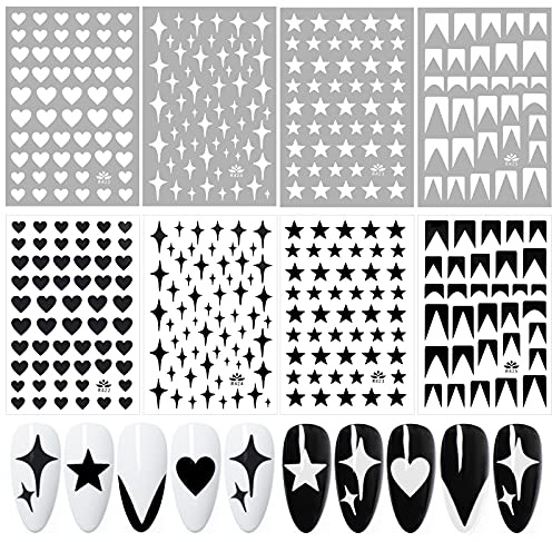 MWOOT 8 Blatt 3D Liebesherz Star Nagelsticker Abziehbilder,Schwarz-Weiss Selbstklebend Nagelaufkleber für DIY Nagelspitzen Dekoration,Nagel Aufkleber Abziehbilder Maniküre Dekoration