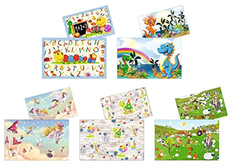 HERMA 19694 Schreibtischunterlagen Kindergarten Freunde Sortiment, 10 Stück, abwischbare Kinder Schreibunterlagen aus Karton, 55 x 35 cm, beidseitiges Motiv Tischunterlagen Set für Mädchen & Jungen