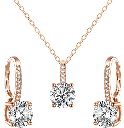 EVER FAITH Cubic Zirconia Schmuck-Set 925 Sterlingsilber funkelnder Rundschliff weißer Geburtsstein hypoallergen Verlobungs Halskette und Ohrring Set