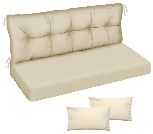 Ferocity Auflage für Hollywoodschaukel 100x50x50 Gartenbankauflage und 2 Kissen Palettenauflage Bankauflage Sitzkissen und Rückenkissen Matratze Sitzpolster Gartenpolster Glatt-Pik Beige [133]