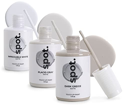 spot. Ausbesserungsfarbe, mattes Finish, für Schränke, Wände, Fenster, Türen und Möbel, 3-Farben-Set passend zu 90% der Oberflächen, Grau + Weiß, 3 Stück