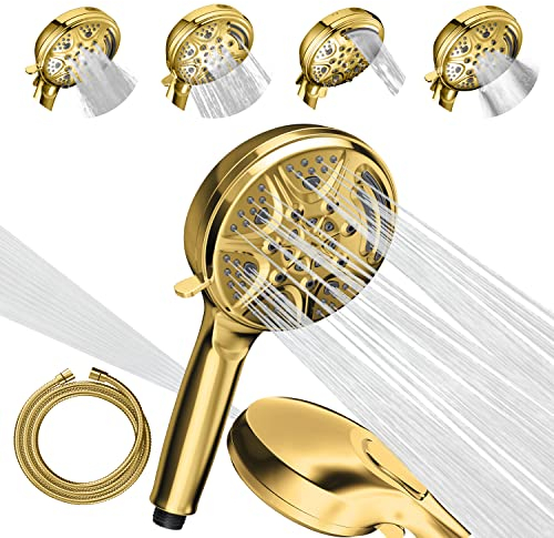 SparkPod 5 Inch 9 Function Shower Head - Handheld High Pressure Jet with On/Off Switch, Pause and Waterfall Setting- Premium ABS Removable Handheld Shower Head with Hose (Egyptian Gold)