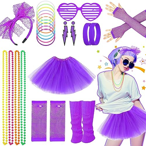 1980er-Party-Kostüm-Zubehör-Set, Regenbogen-Tutu, Rock, Beinwärmer, Netzhandschuhe, Brille, Ohrringe, Armband, Halskette, Stirnband, Retro-Outfit für den 80er-Jahre-Party-Anziehtag