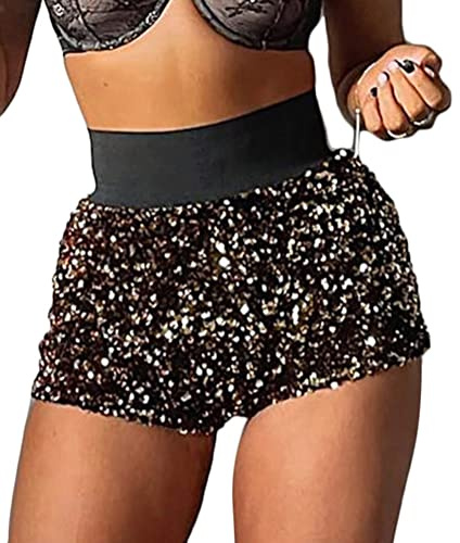 ORANDESIGNE Pantaloncini da Donna con Paillettes Shorts Lucidi Scintillanti Slim Fit Casual Elastico Lucido Paillettes Skinny Glitter Moderna Hotpants Danza Nightclub Clubwear C Nero M