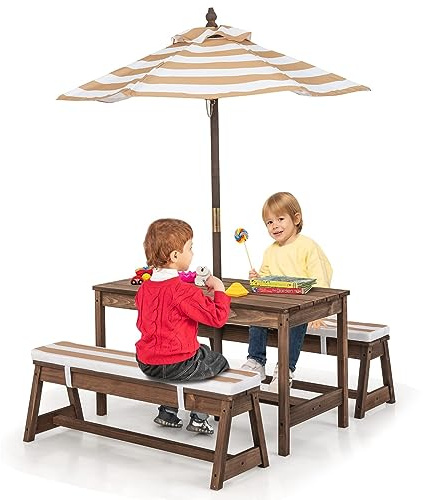 DREAMADE Kindersitzgruppe mit Sonnenschirm, Kinderpicknictisch mit 2 Bänke, Gartenmöbel für Kinder aus Tannenholz, Kinder Sitzbank für Outdoor & Indoor (Braun)