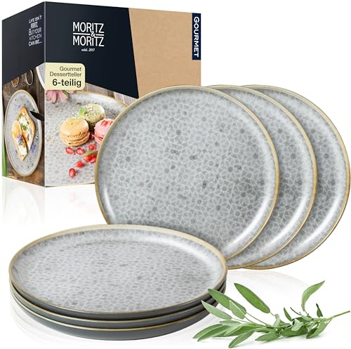 Moritz & Moritz TERRA Dessertteller 6-tlg Set - Ø 20,5 cm - in dezentem Grau aus hochwertigem Porzellan - kleine Teller Set als Kuchenteller oder Frühstücksteller