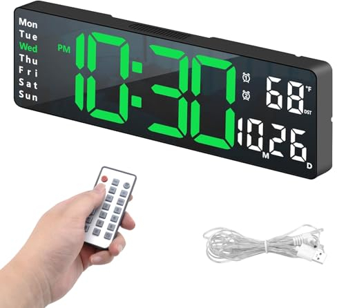 Wanduhr Digital, 13 LED Wand Wecker mit Großbildschirm, Digital Wecker mit Fernbedienung, Digital Uhr Wanduhr Einstellbarer Helligkeit mit Uhrzeit/Datum/Temperatur für Wohnzimmer Küche Büro Gym