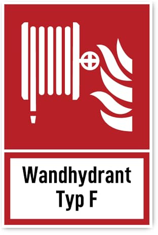 Aufkleber: 300x200 mm, 1 Stück - Wandhydrant Typ F - Brandschutzzeichen mit Text (deutsch) (rot/weiß) - hochkant - F002 - DIN EN ISO 7010 / ASR A1.3