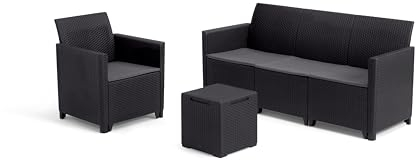 Keter Nora Gartenmöbel Lounge Set, inkl. Sitzkissen, grau, für 4 Personen, wahlweise 3er Sofa + Sessel oder 2x 2-Sitzer Sofa und Tisch