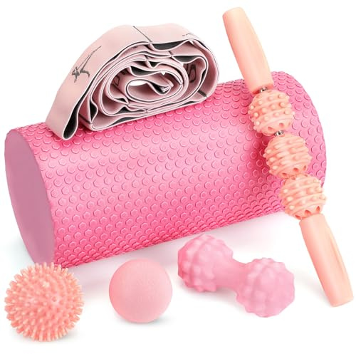 6 Pcs Pink Foam Roller Set Includes Peanut Massage Ball, Back Roller, Massage Roller Stick, 2 Foot Stretching Strap, and Fasciitis Ball for Christmas Gift Exercise Physical Body Therapy Yoga Massager