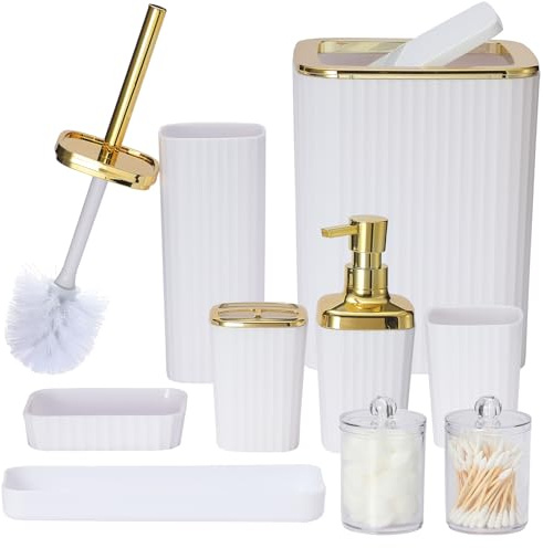 Bathroom Accessories Set,9 Piece White Bathroom Sets Complete with Toothbrush Holder, Trash Can, Lotion Soap Dispenser, Toothbrush Cup, Vanity Tray, Soap Dish, Toilet Brush, Qtip Holder for New Home