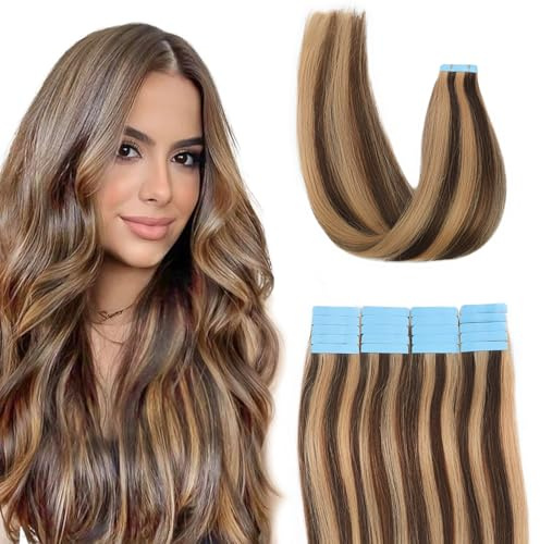 Tape Extensions Echthaar Extensions Echthaar Tape In Extensions Echthaar 35 cm 40g Remy HaarverläNgerung Echthaar Invisible Seidig Gerade Skin Weft 20pcs Mittelbraun Mit Honigblond #4/27