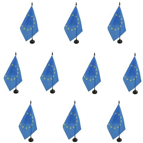 AZ FLAG Lot de 10 Drapeaux de Table Europe 21x14 cm Socle Plastique | Usage intérieur Drapeau de bureau européen finition cousue et bords renforcés avec mât en plastique et socle en plastique