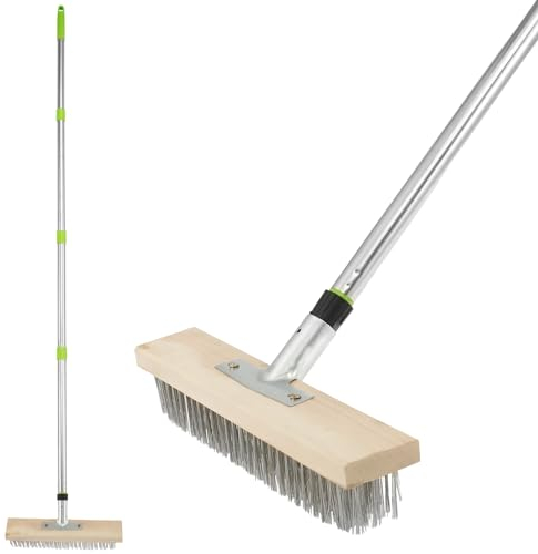 Brosse à récurer pour sol avec manche de 160 cm de long, brosse métallique en acier inoxydable, brosse à poils rigides, brosse multifonctionnelle pour terrasse, brosse à récurer de sol inclinable à