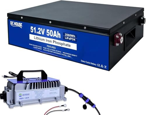 DCHOUSE Batería LiFePO4 de 48V 50Ah con cargador de 18A, BMS de 50A, clase A, perfecta para autocaravanas, carros, motores de trolling, casas solares y sistemas solares independientes de la red