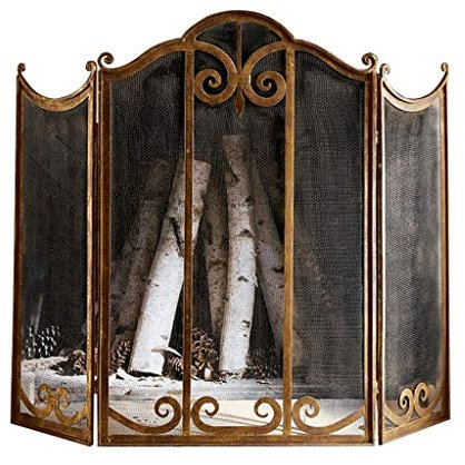 Kaminschirm Großer goldener Kaminschirm 3-teilig Verziertes Schmiedeeisen Metall Kamingitter Dekoratives Gitter Massiver Stahl Funkenschutz Abdeckung Outdoor-Werkzeuge Zubehör Kaminschirm Feito n