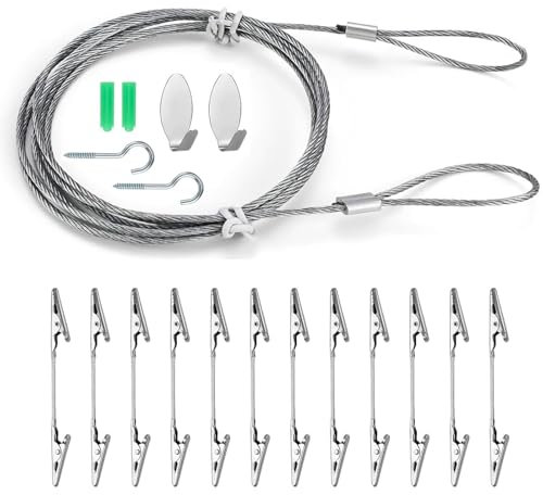 Fotoseil mit Klammern, Fotodrahtseil mit 12 Stück Doppel Krokodilklemmen 1,5m X 1,8mm Fotoleine Fotokette Stahlseil mit Ösen und Haken zum Fotos, Malereikarten und Kinderzeichnungen Aufzuhängen