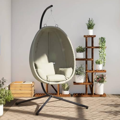Willood Hängesessel mit Gestell Ei-Design Schaukel Indoor oder Outdoor Sessel mit Kissen + Rückenkissen Beige Stoff und Stahl