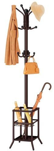 FAVOOSTY Coat Rack Freestanding,Coat Rack Stand with Umbrella Holder,Metal Coat Tree with 12 Hooks,Tree Clothes Hat for Entryway, Hallway, Bedroom, Living Room & Office -Brown