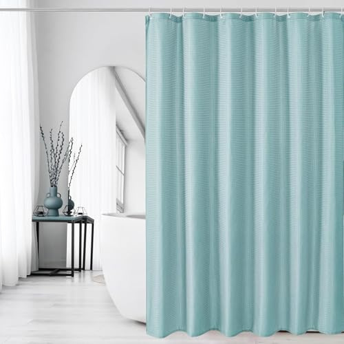 Bingobang Shower Curtains Set for Bathroom with 12 Hooks, Mould Mildew Proof Resistant, Waffle Fabric Bath Bathtub Curtain Washable for Wet Room (Teal, 71 x 71 Inch)