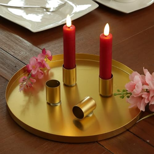 Stabkerzenhalter Deko Tablett mit 4 magnetischen Kerzenhaltern für Stabkerzen 25cm Kerzentablett rund Kerzenständer Gold